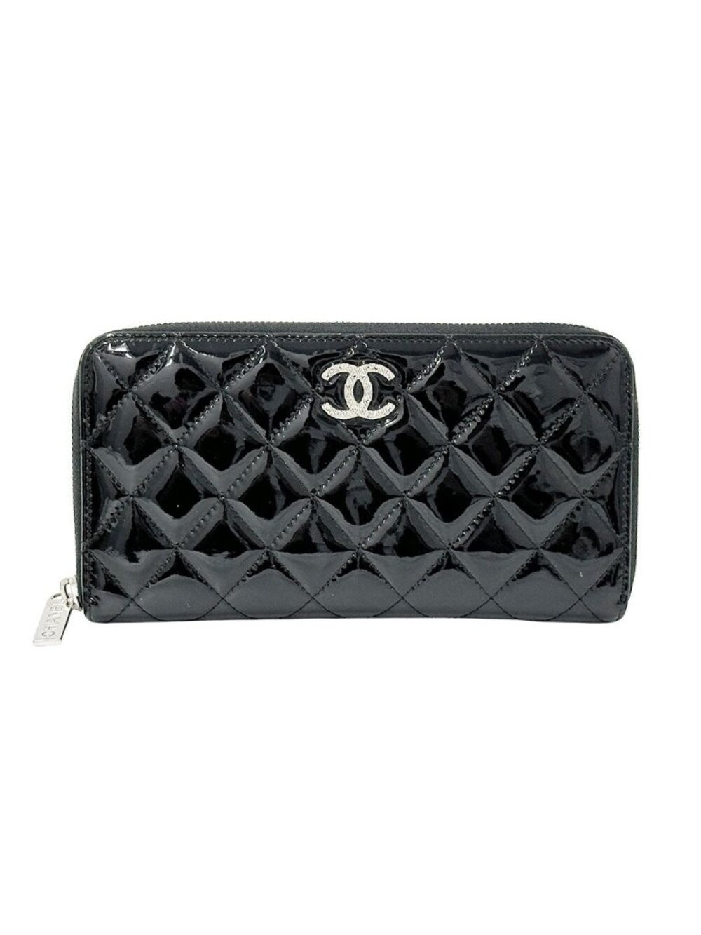 Chanel Wallet Brilliant Quilted Patent Black Silver Zip Around CC Logo